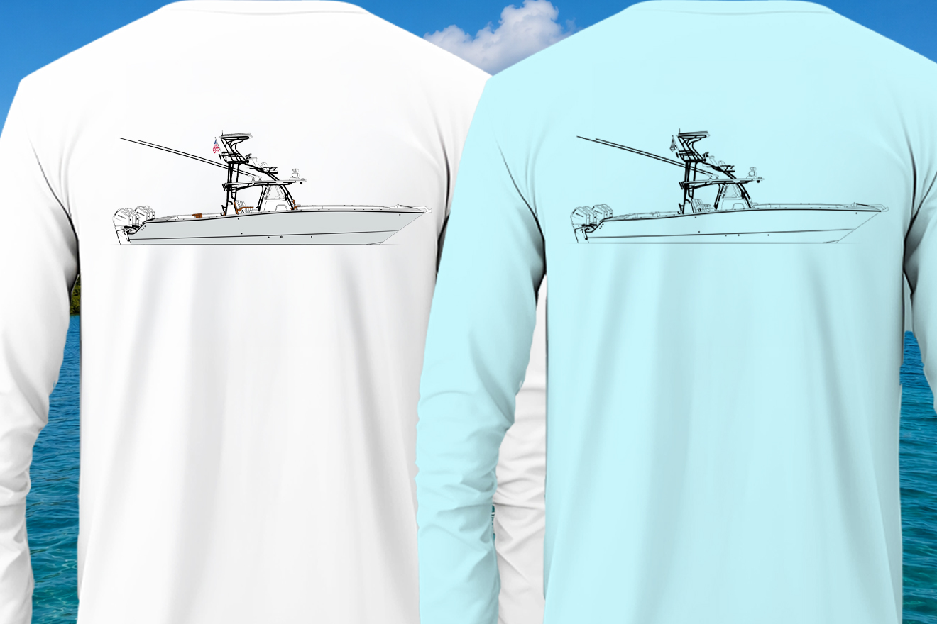 Back view mockup of two long sleeve performance fishing shirts featuring minimalist custom center console boat artwork printed across the upper back, shown in white and light blue color options against a tropical ocean background.
