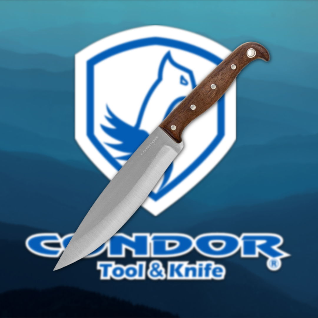 Knife with a wooden handle and logo for Condor Tool & Knife.