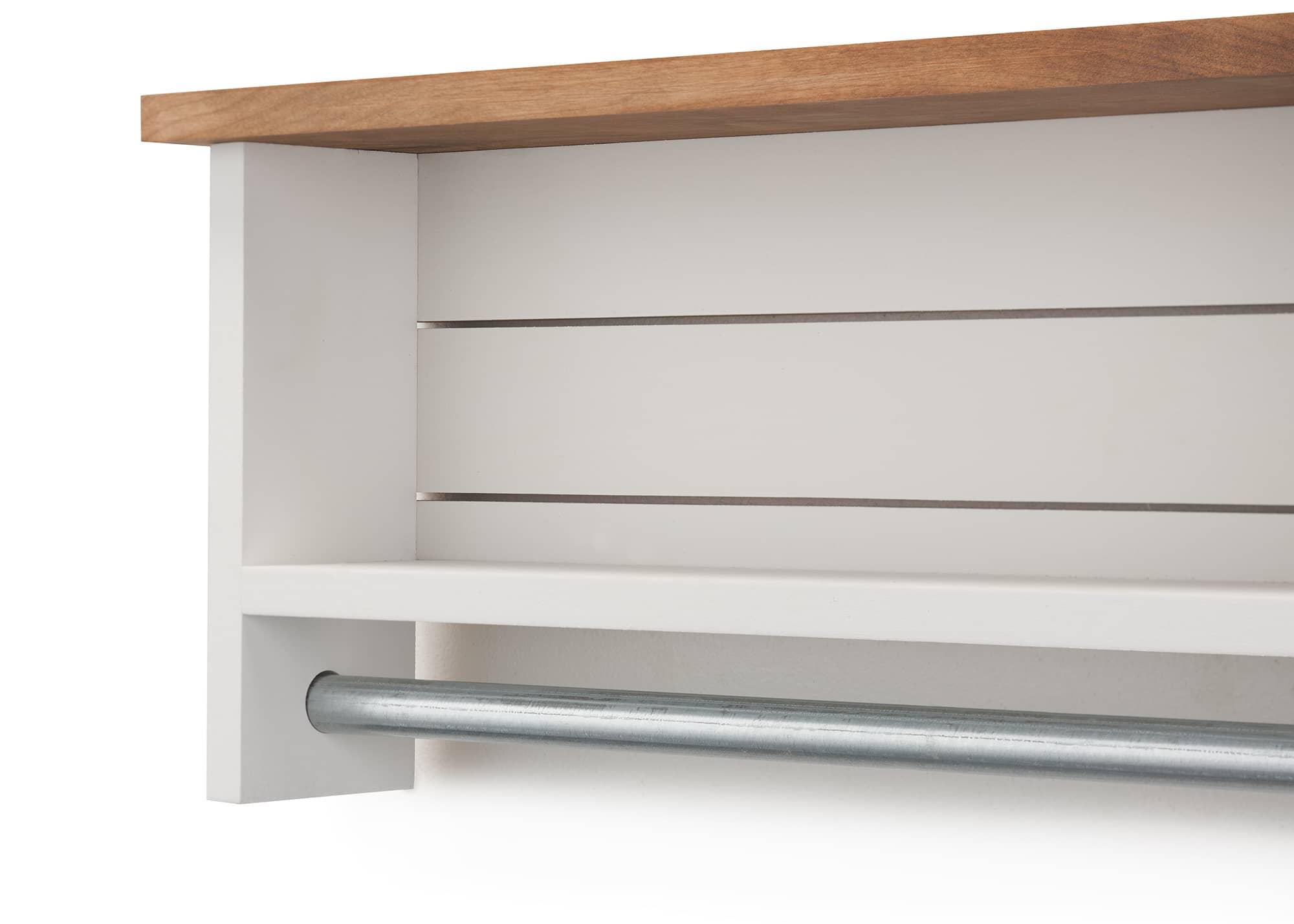 details of the shelf and the metal towel bar