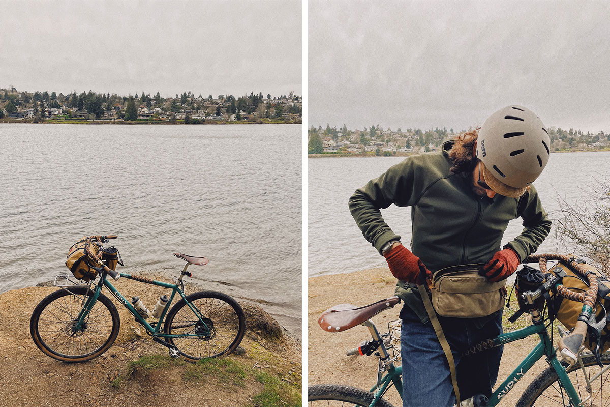 Brandon with his green bike at Seward Park, Seattle, USA.