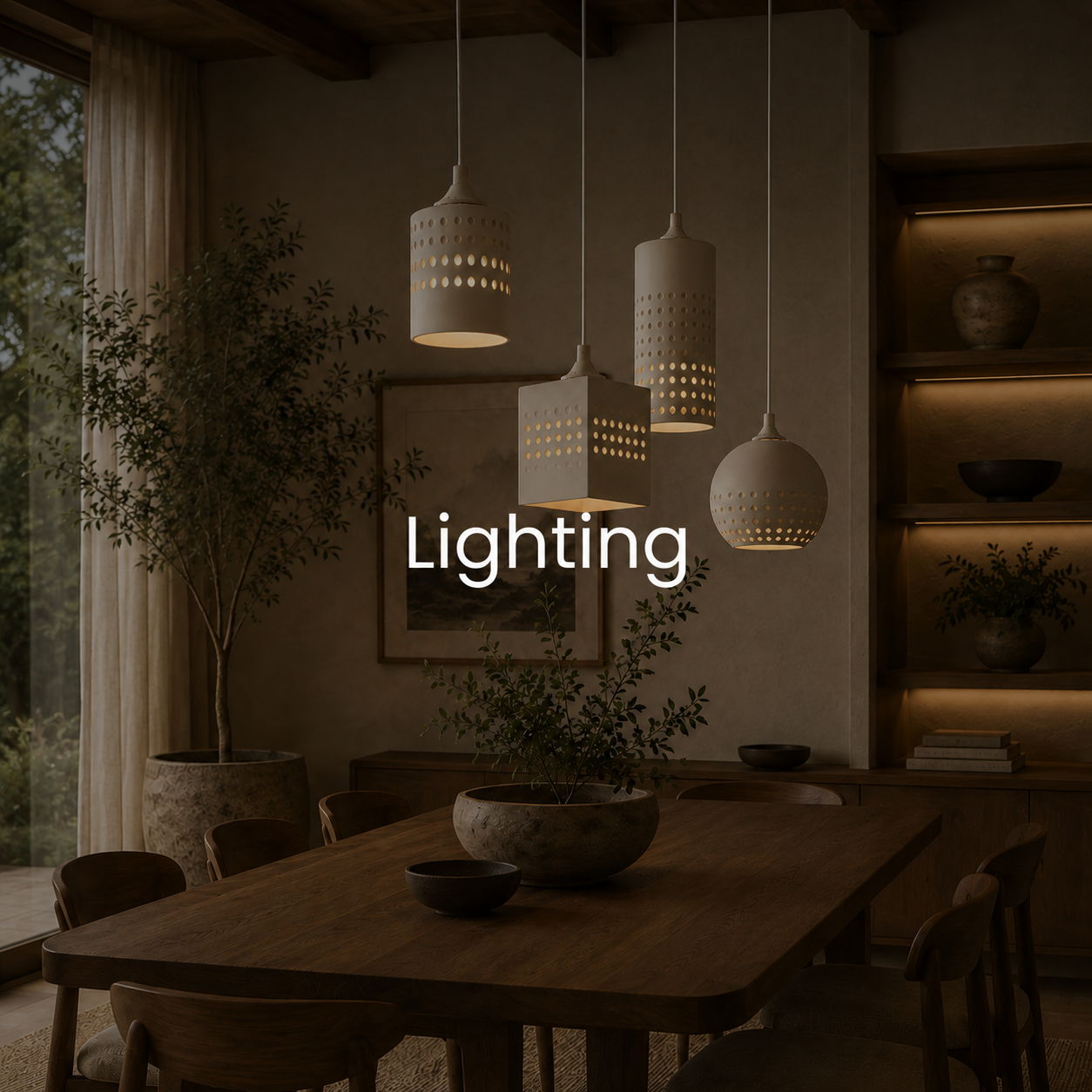 A cozy dining area with modern pendant lighting and decorative plants.