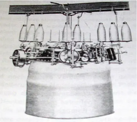 A drawing of a Terrot circular knitting machine from 1859 that appears to be a loopwheeler.