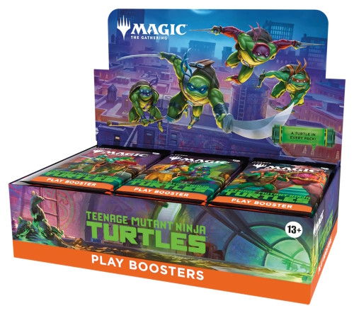 Display box of Teenage Mutant Ninja Turtles play booster packs.