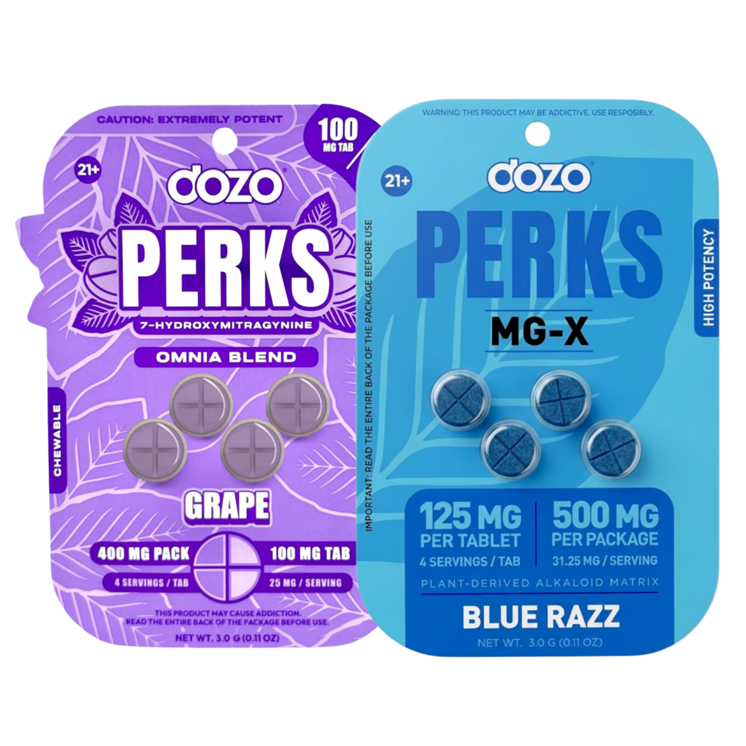 Two packets of DOZO Perks supplements in Grape and Blue Razz flavors.
