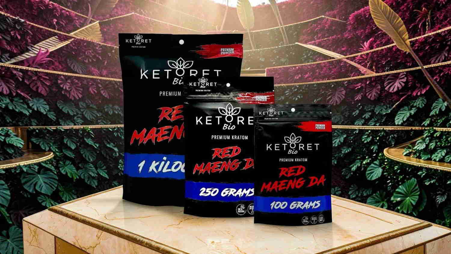 Three packages of keto products on a wooden surface with a colorful background.