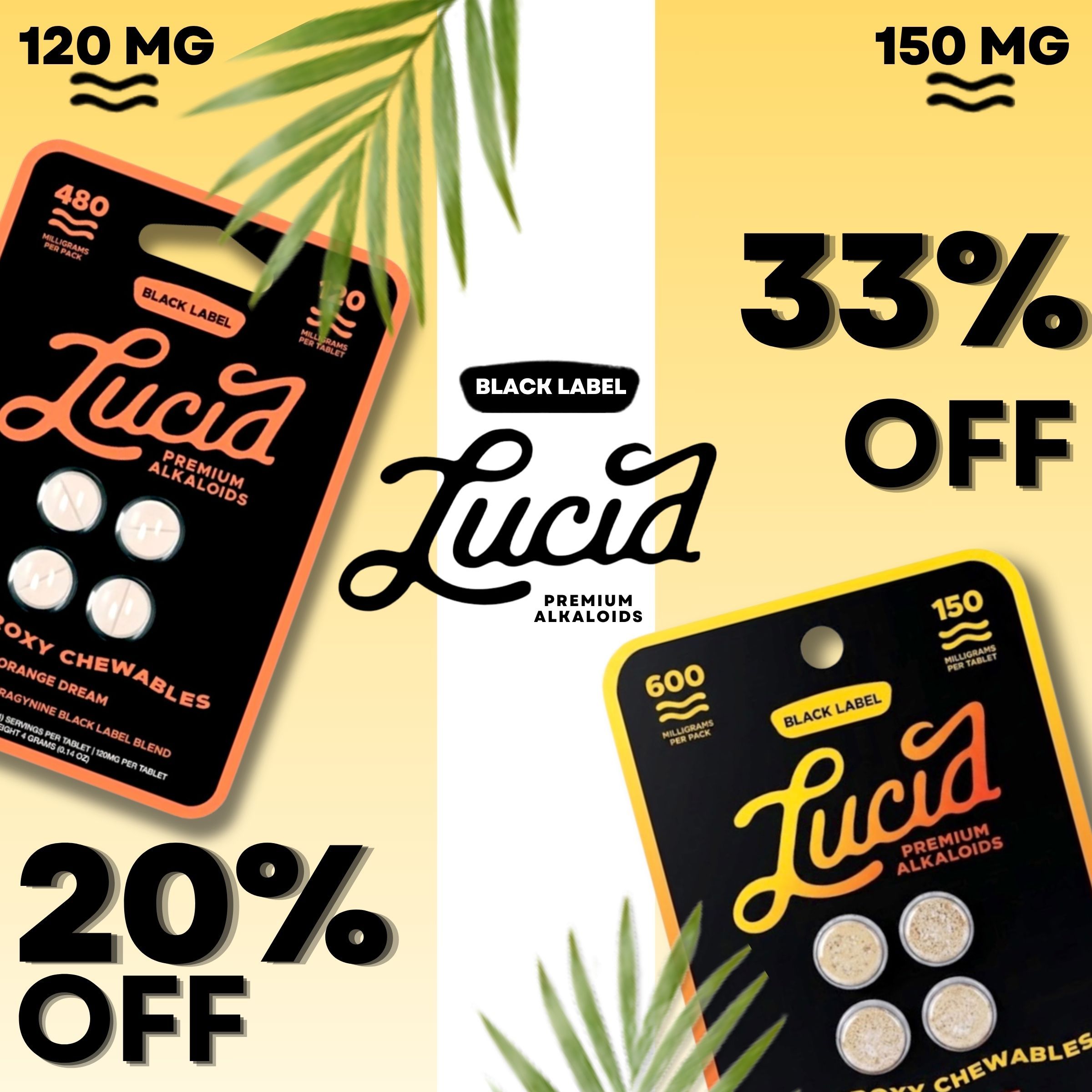 Lucid product packaging with discounts on different mg options.