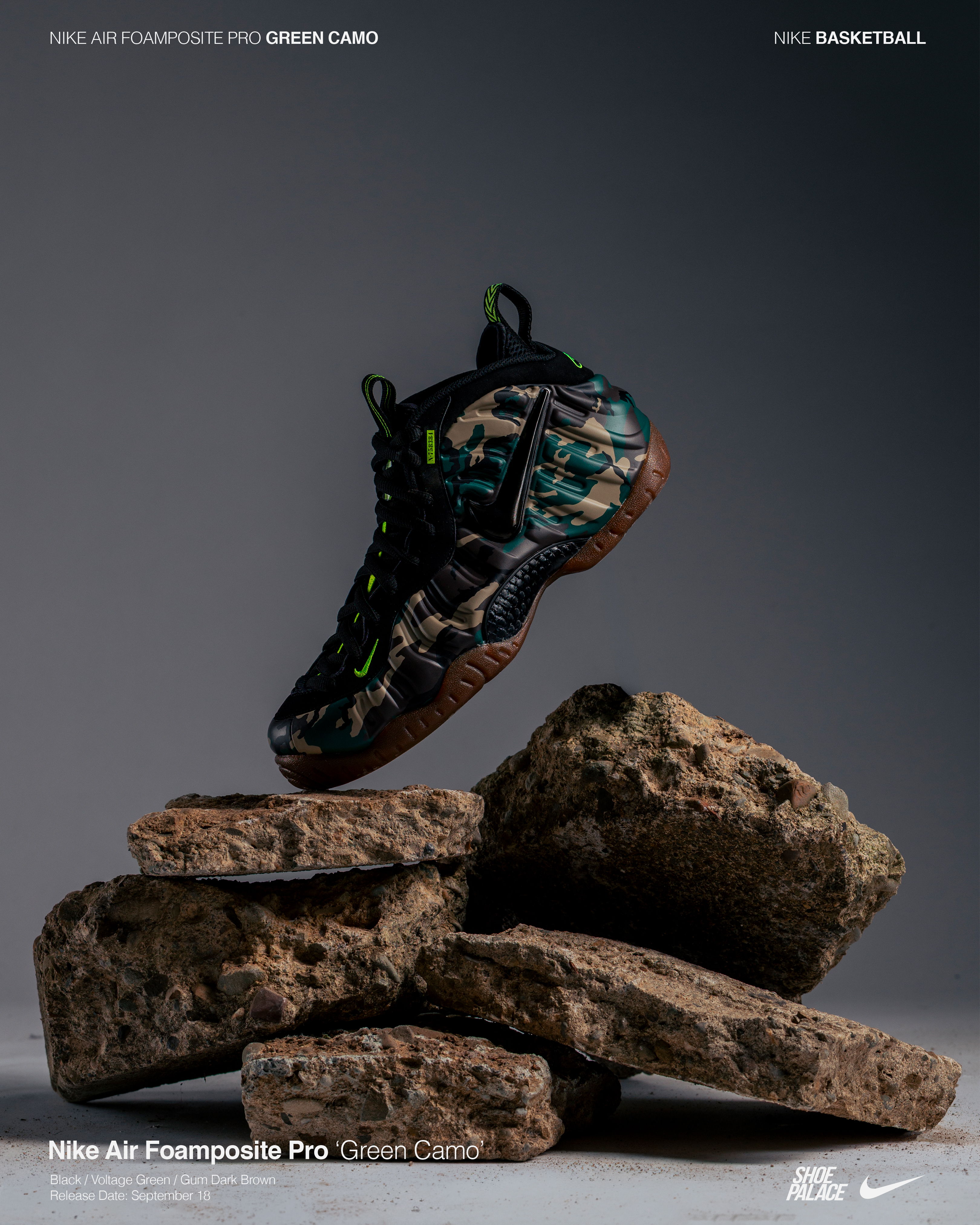 Nike Air Foamposite Pro sneaker floating above rocks.