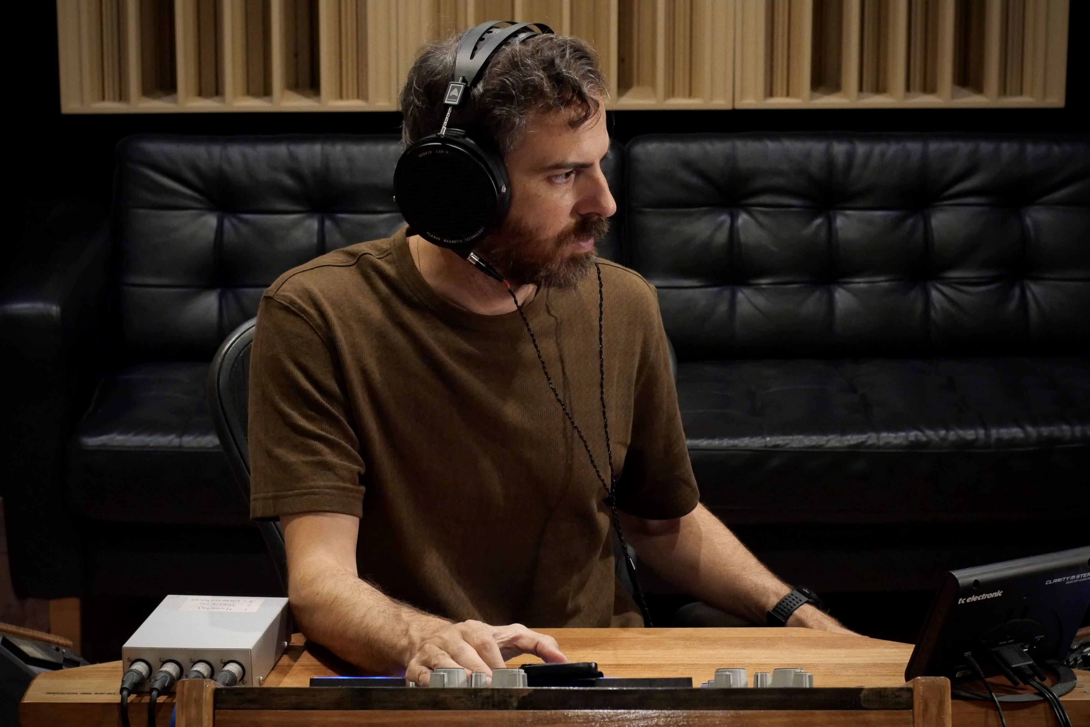 Miguel Angel González wearing Audeze LCD-X in the studio 