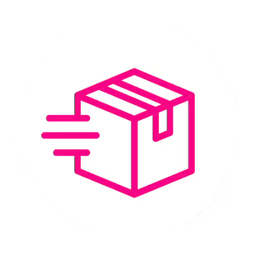 Pink delivery box icon with motion lines.