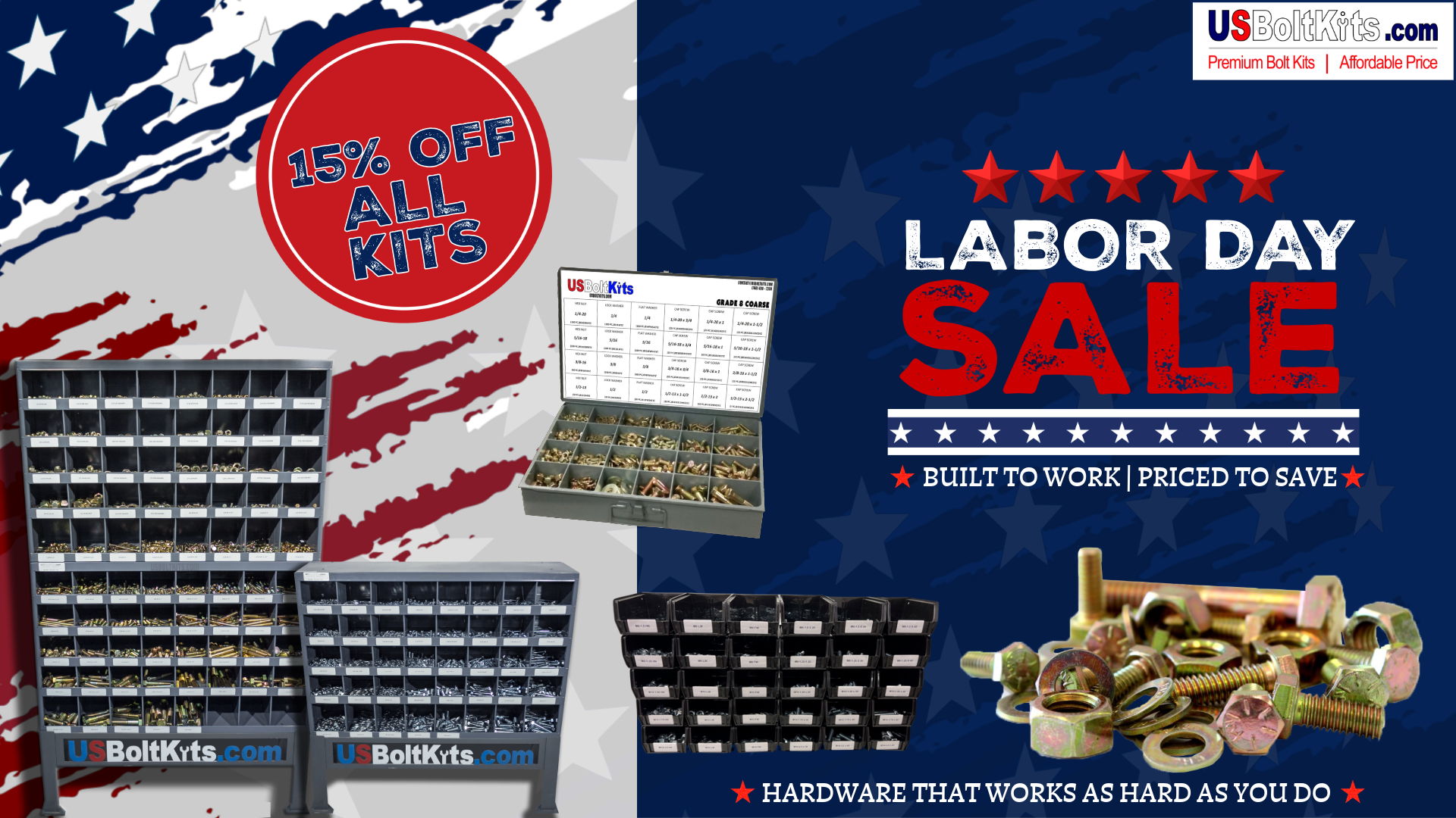 flag background with 15% off all kits labor day sale for usboltkits.com showing fastener kits and fasteners