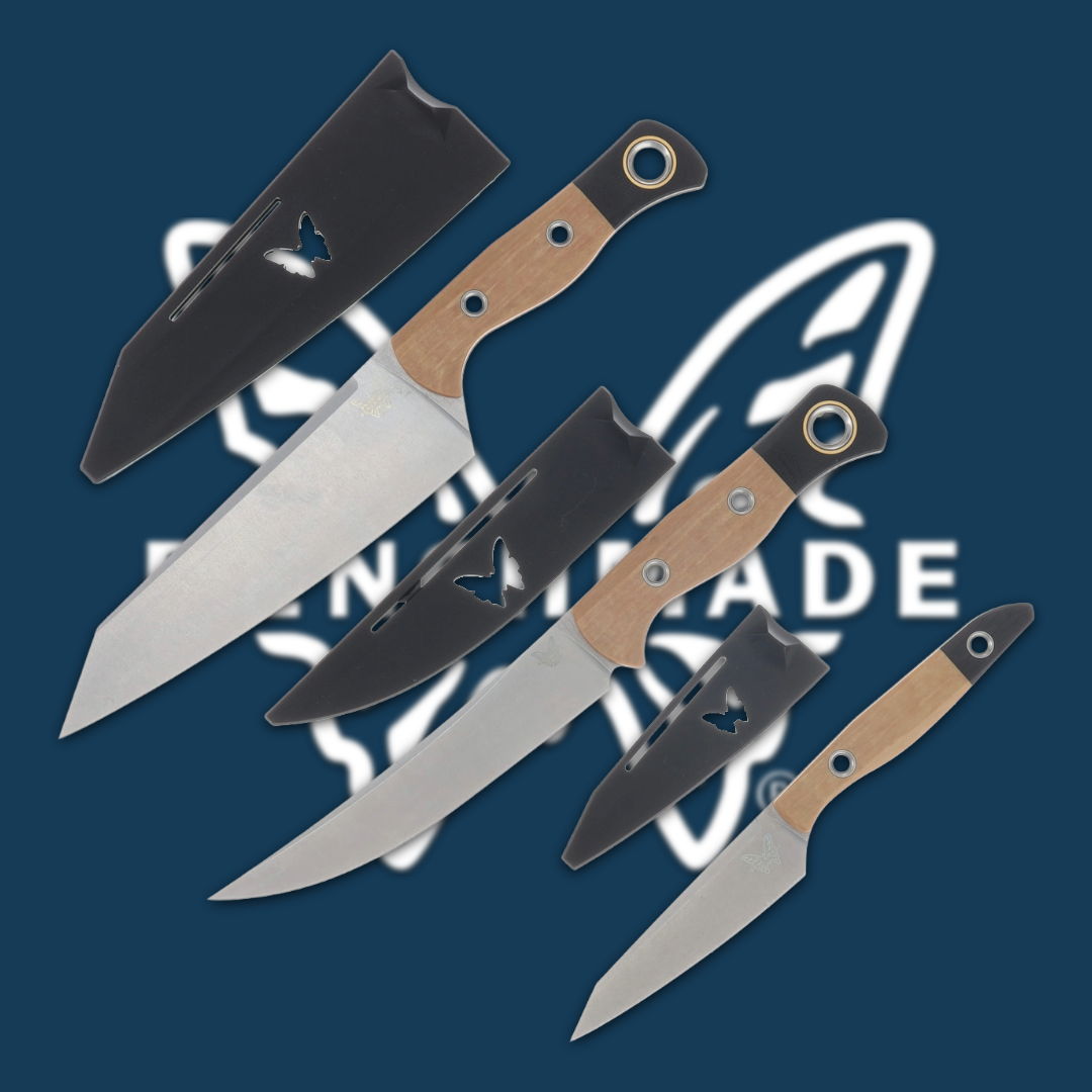 Collection of kitchen knives on a blue background with logo.