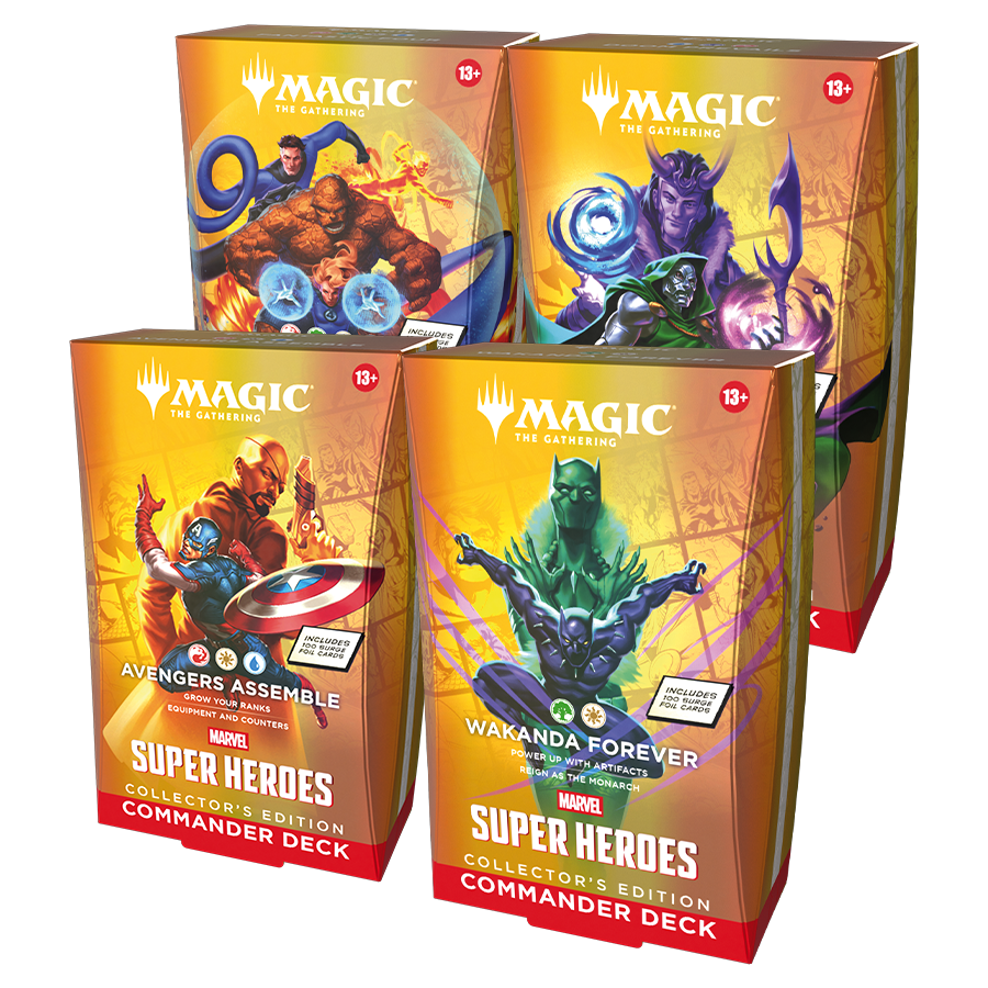 Mtg marvel superheroes precon deck Four Magic: The Gathering Super Heroes Commander Decks displayed in colorful packaging.