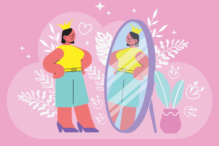 vector image of woman looking in mirror with positivity
