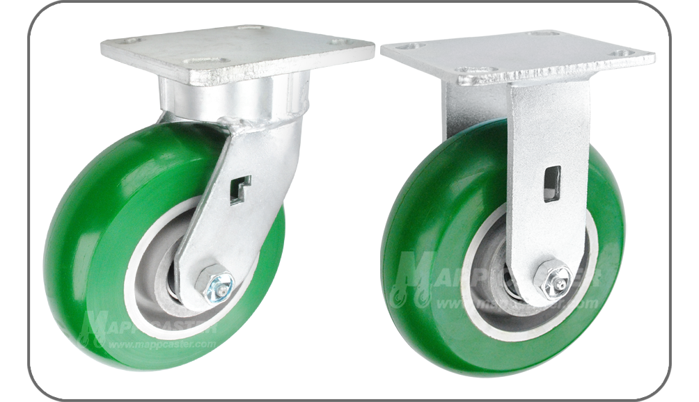 CG-Max Green Polyurethane on aluminum Swivel & Rigid plate casters - Best Rolling, Heavy duty ball bearings, rust resistant, floor protective, non marking, nsf certified