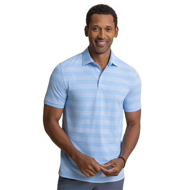 Smiling man wearing a light blue striped polo shirt.