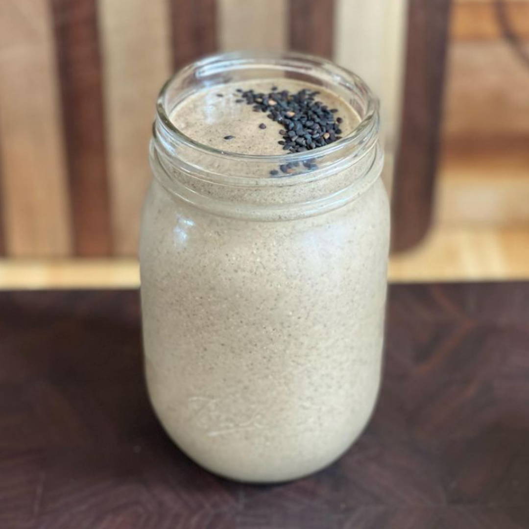 pecta sol c chocolate black tahini superfood smoothie in mason jar