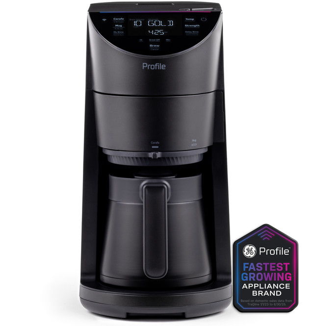 Black coffee maker with digital display and a coffee pot.