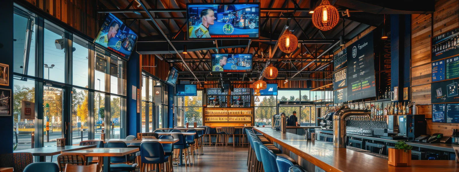 Modern restaurant interior with multiple screens and wooden decor.