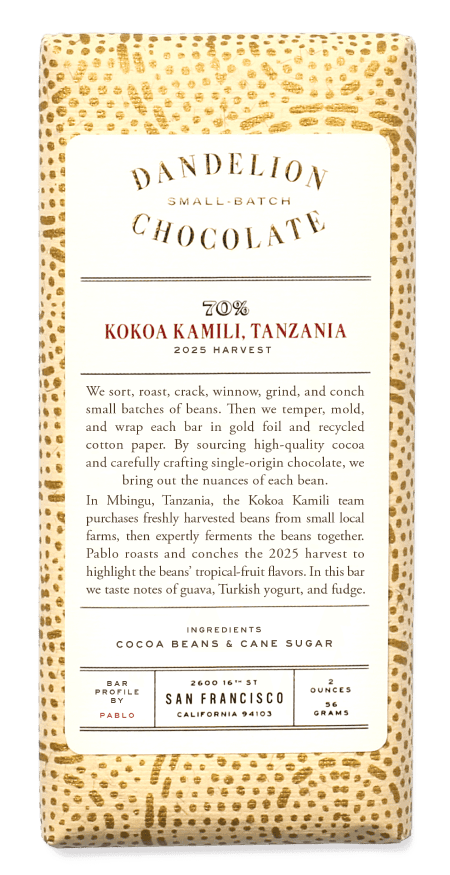 Dandelion Chocolate bar packaging, Kokoa Kamili Tanzania, small-batch, cocoa details.