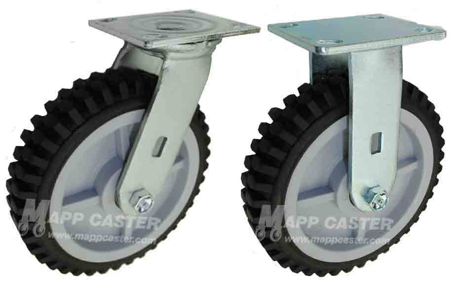 Rugged Off-Road thermoplastic Rubber Swivel & Rigid Casters, rejects debris & rolls over dirt and gravel with easy. Floor protective to roll on hardwood, tile & finished floors. 