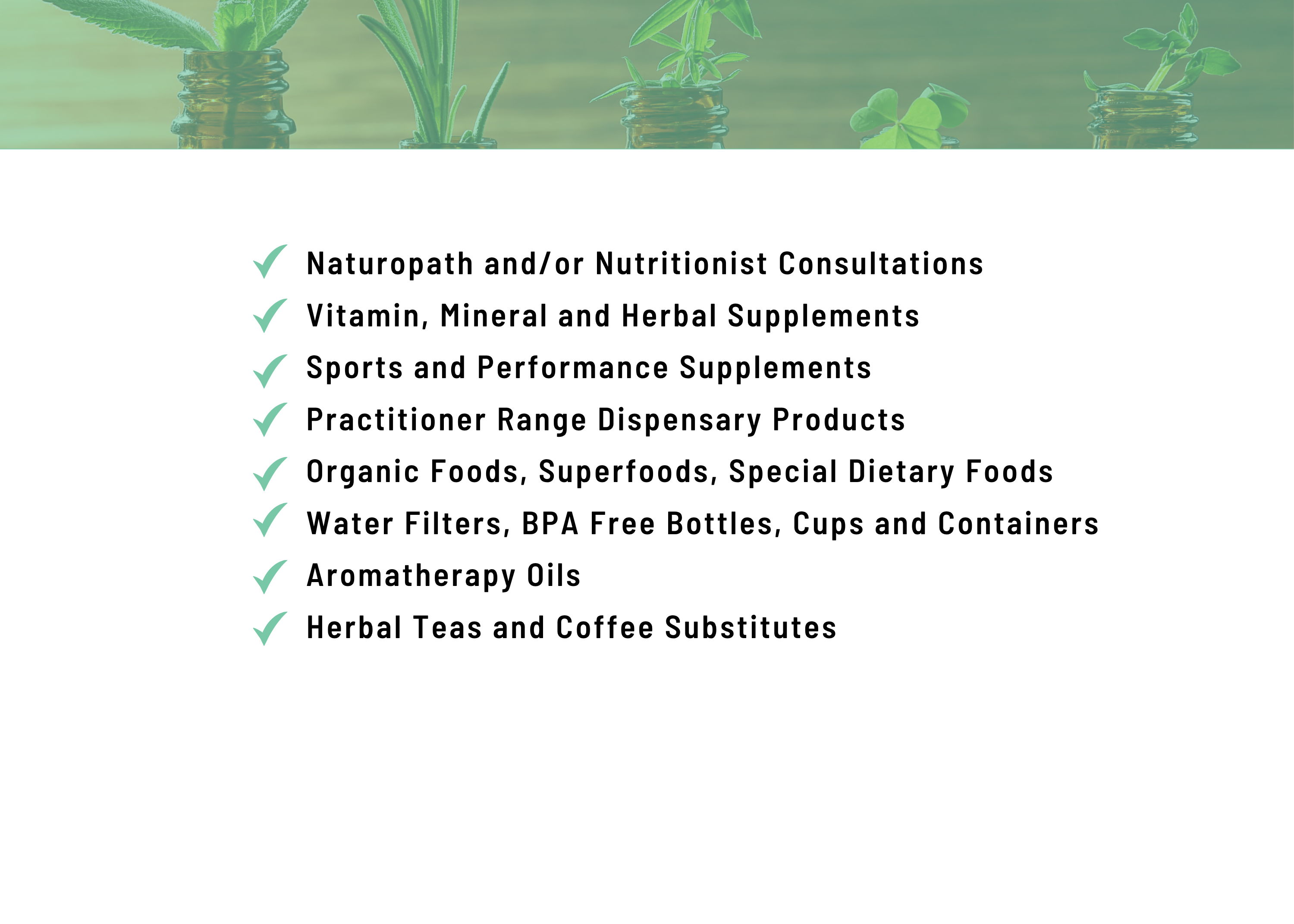 List of health and wellness services and products offered.