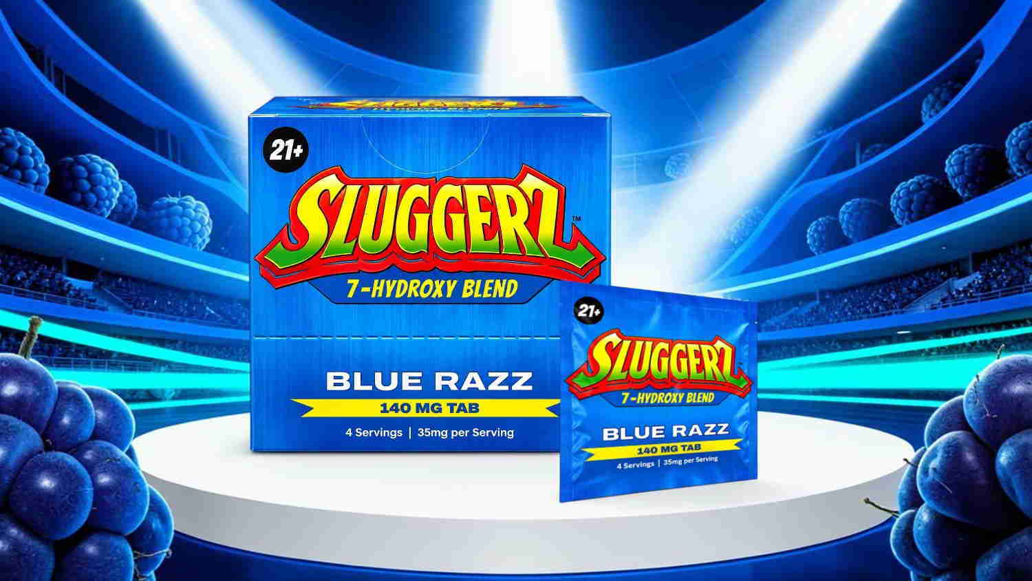 Sluggerz energy drink packaging in blue razz flavor on a display.