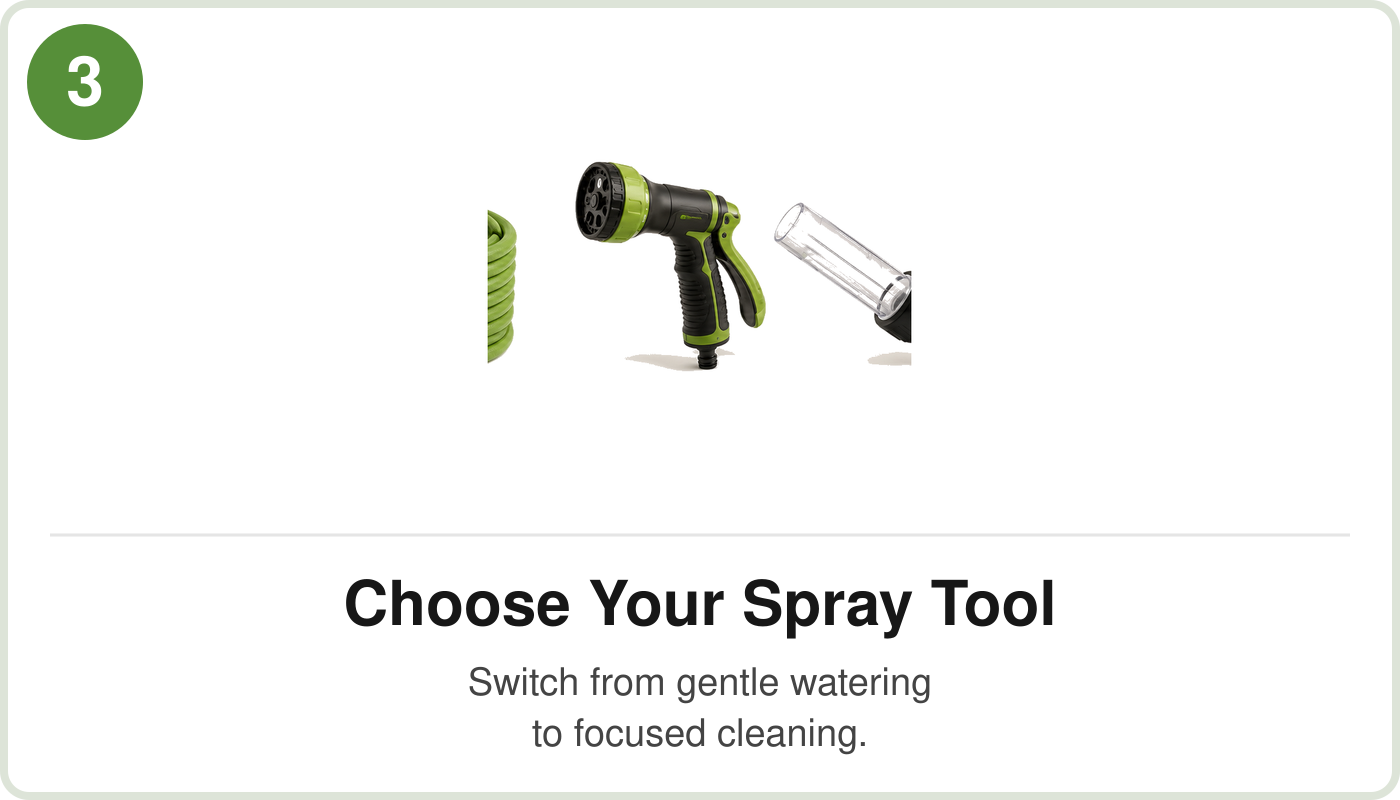 Image of a spray tool with options for watering and cleaning.