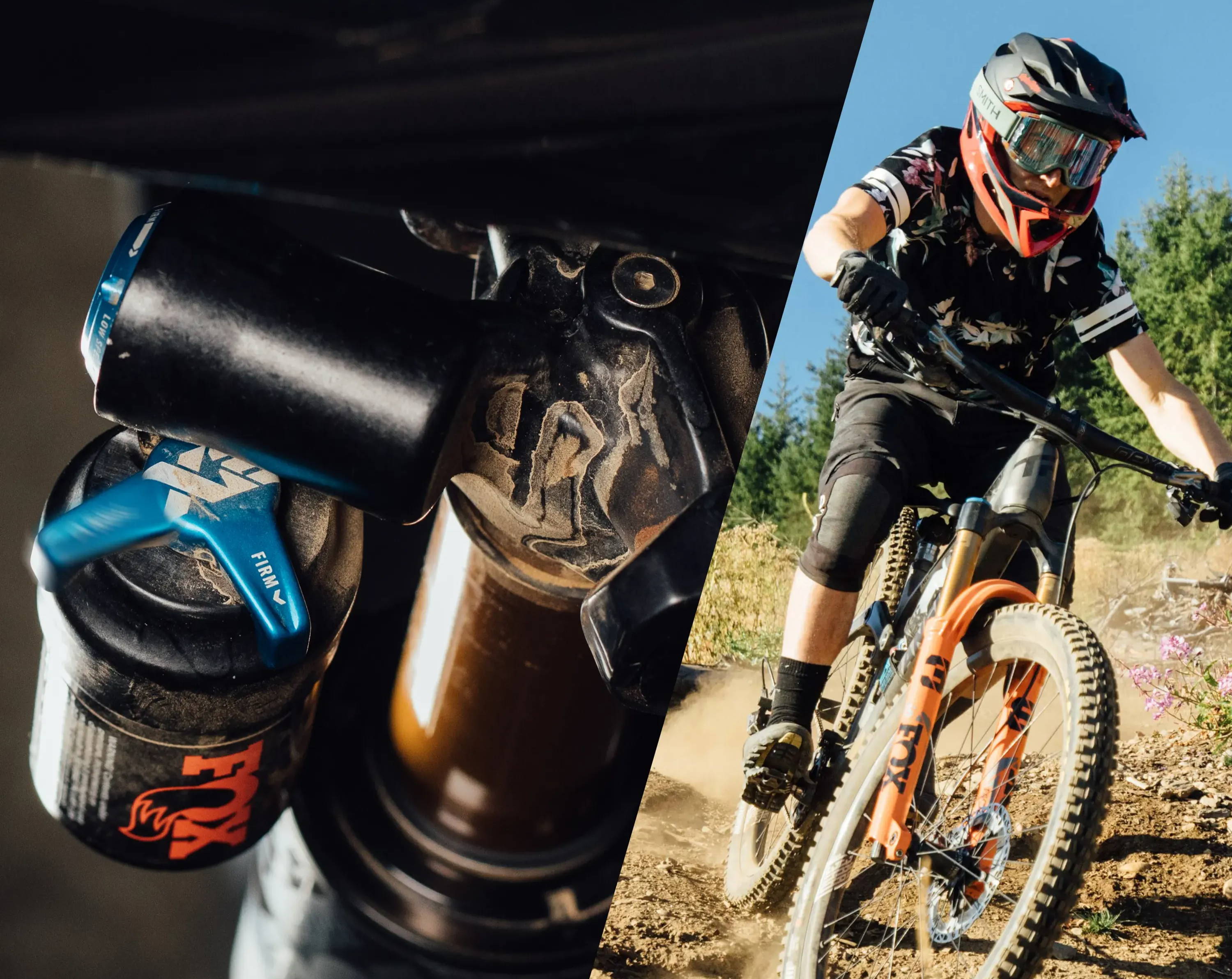 Split image of Fox Float X2 detail of climb switch and installed on a Transition Sentinel riding down dusty trails