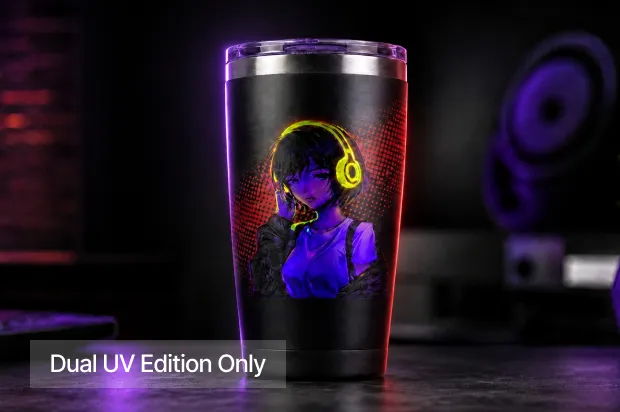 A glowing cup featuring a figure with headphones against a dark background.
