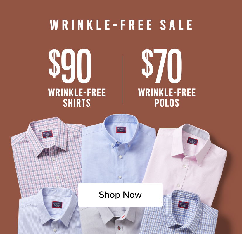 Wrinkle-free shirt and polo sale advertisement with prices.