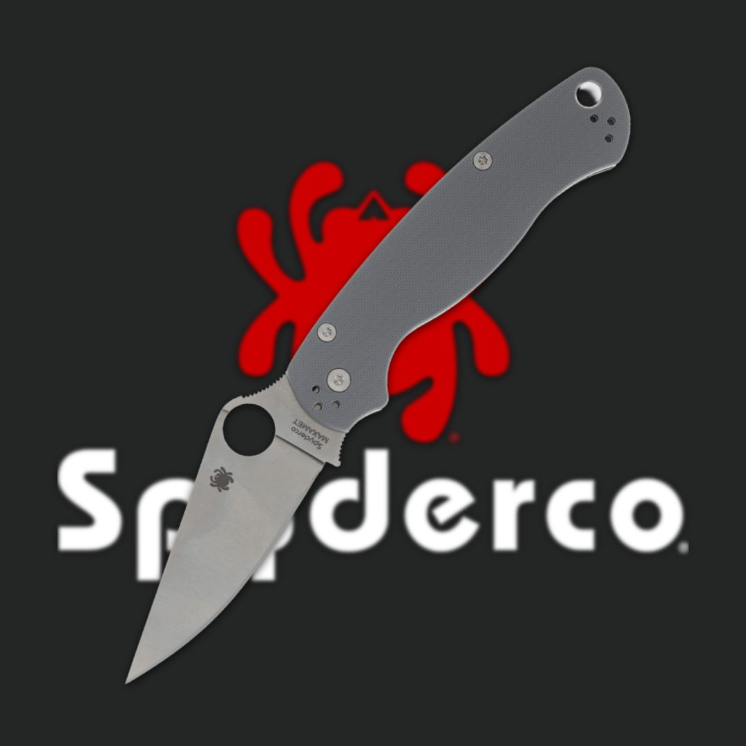 Gray folding knife with Spyderco logo in background.
