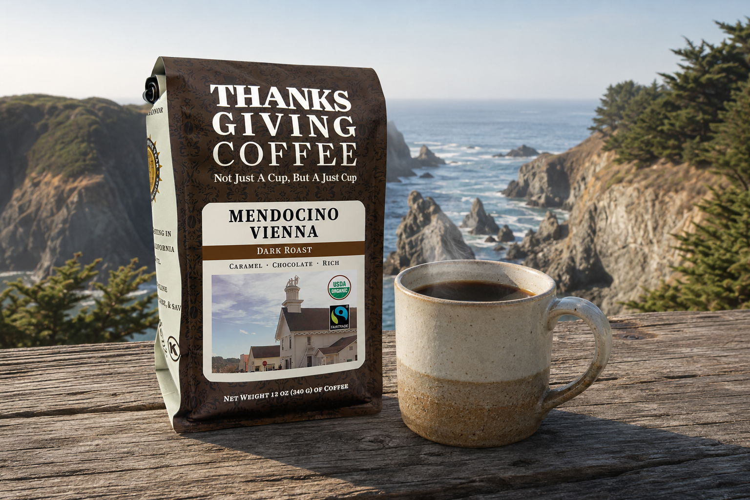 Bag of Thanksgiving Coffee Mendocino Vienna organic coffee beside a brewed cup on the Mendocino Coast