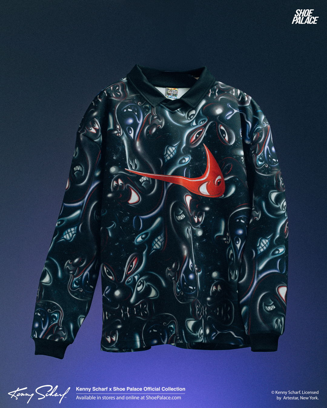 Nike sweatshirt with a cosmic pattern and red logo on a dark background.
