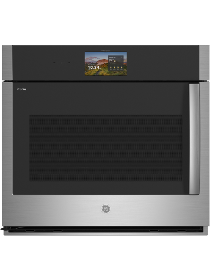 A modern built-in microwave oven with a touchscreen display.
