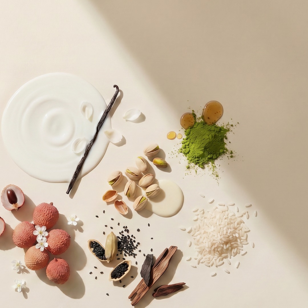 Bottles of clear liquids with black caps arranged in a row.