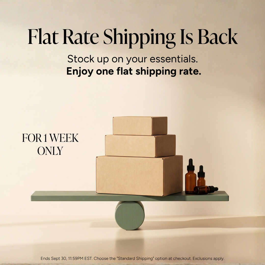 Flat rate shipping announcement with stacked boxes and promotional text.