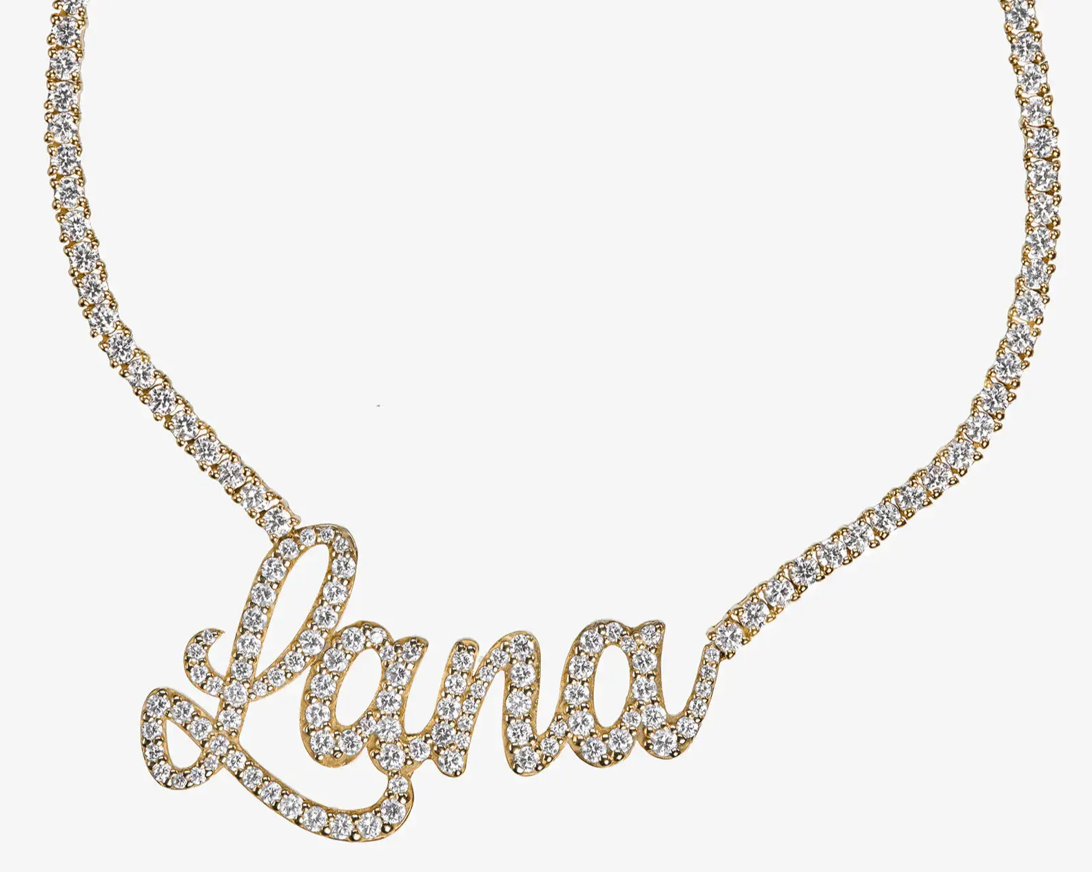 A diamond-encrusted necklace spelling 