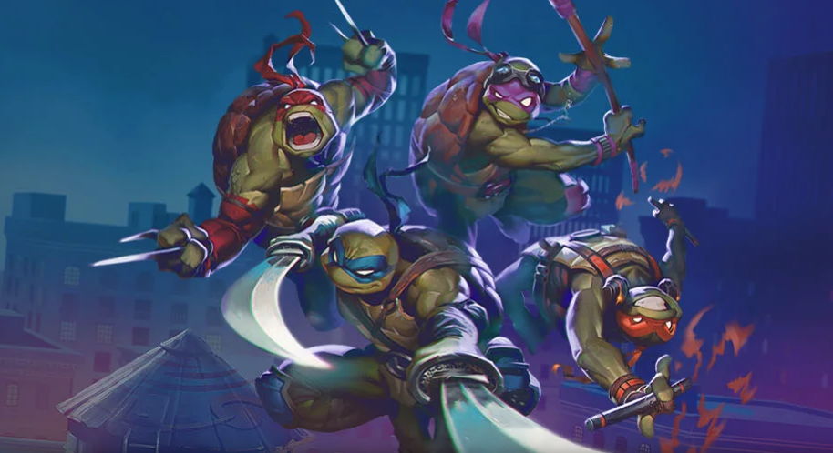 Four teenage mutant ninja turtles in Magic: the Gathering in ninja poses with weapons against a city backdrop.