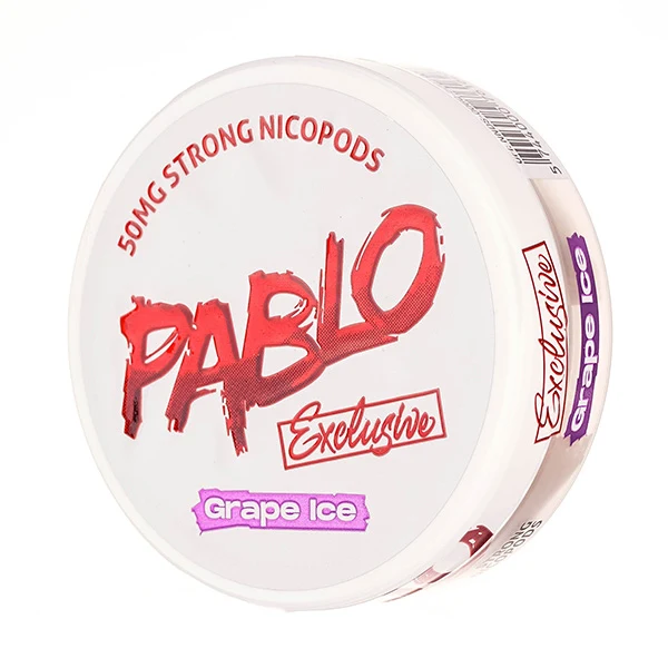 Container of Pablo Exclusive Grape Ice nicotine pods.