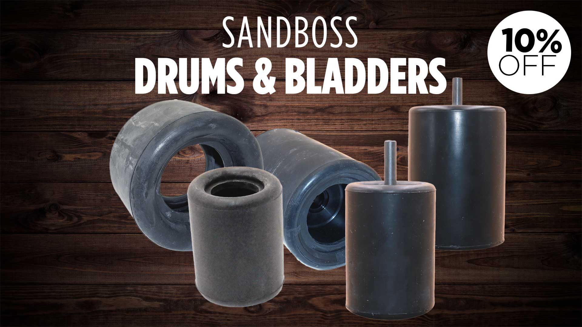 Sandboss drums and bladders on a wooden background with a discount offer.