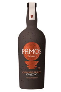 Bottle of Pamos cannabis spirit with a dark design and orange accents.