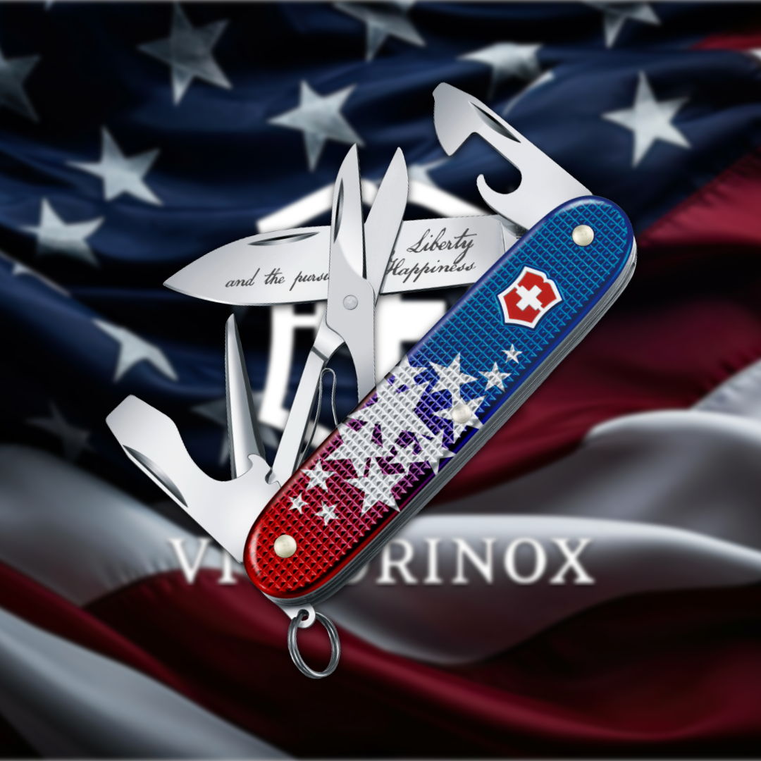 Swiss Army knife on an American flag background.