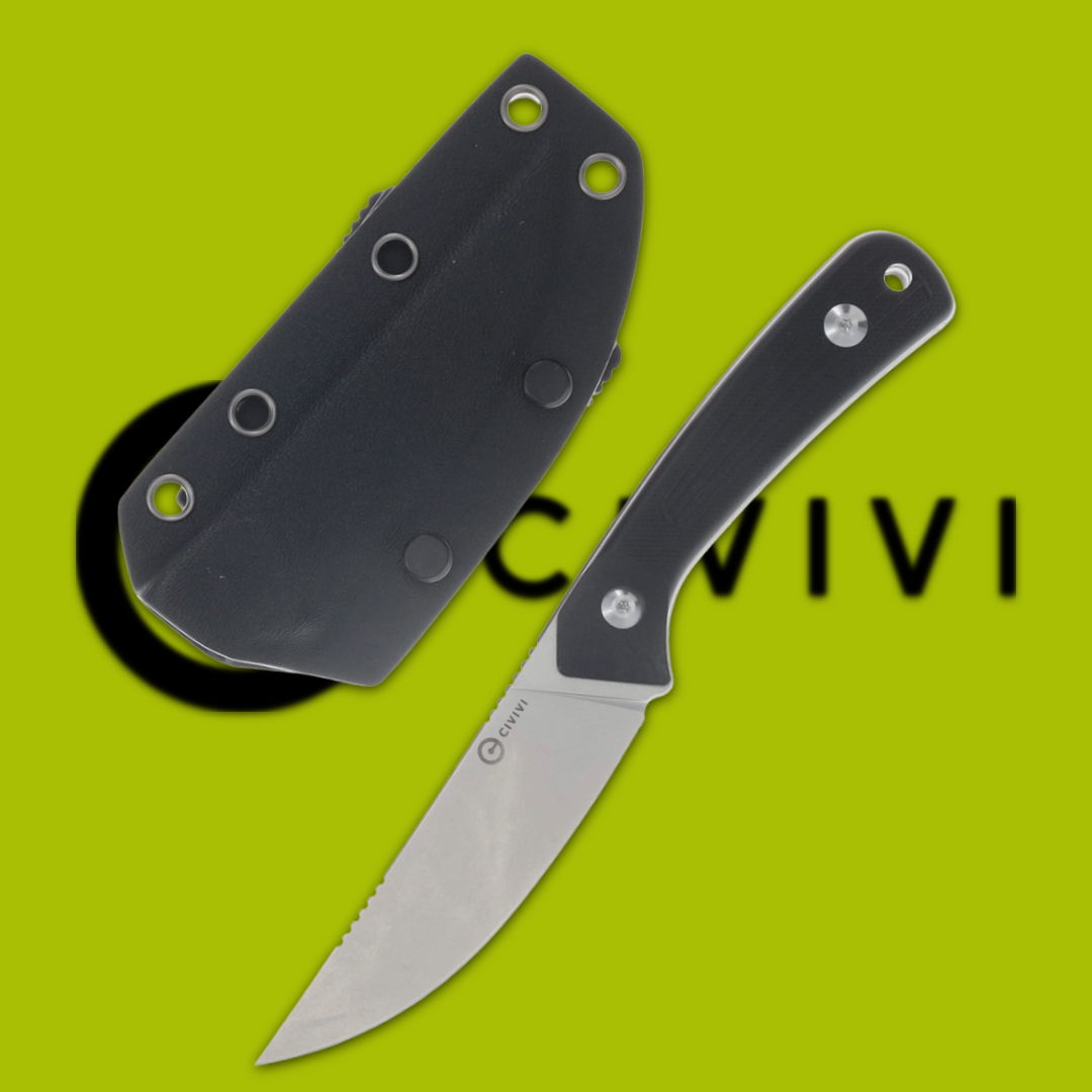 Civivi knife with black handle and sheath on a bright green background.