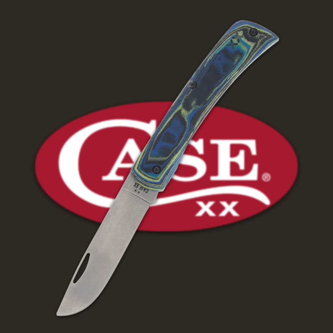 A folding knife with a blue handle and silver blade, featuring the Case logo.