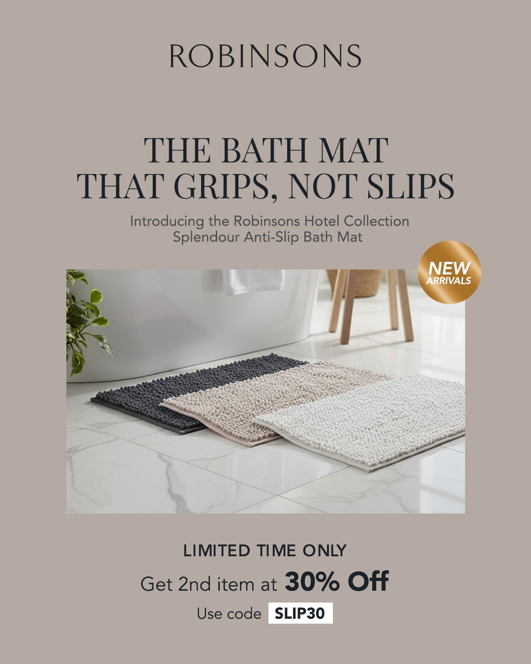Robinsons bath mat advertisement featuring anti-slip design and promotional offer.