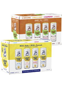 Two boxes of Lucky Cat beverages, featuring various flavors.