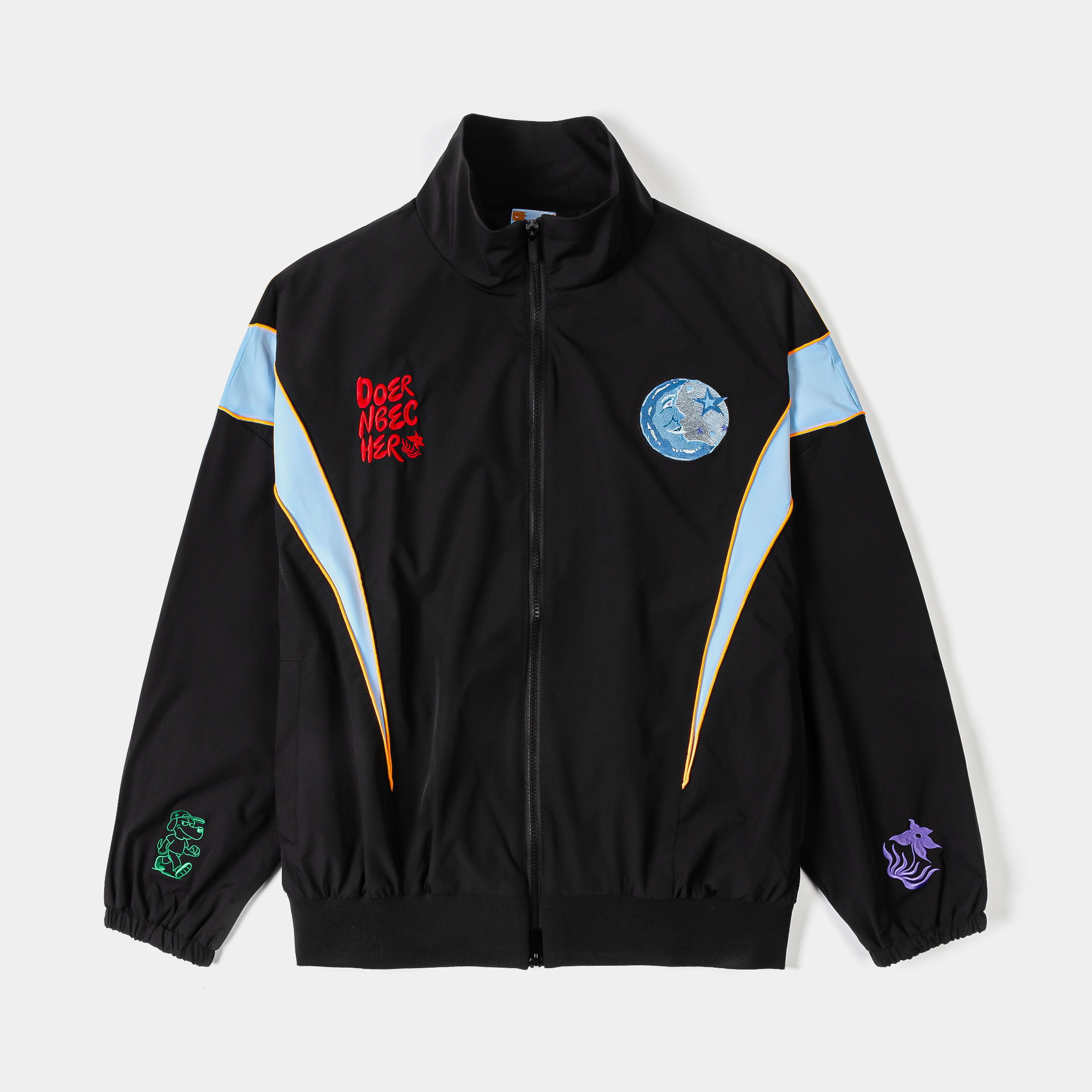 Black jacket with colorful accents and graphic designs on sleeves.