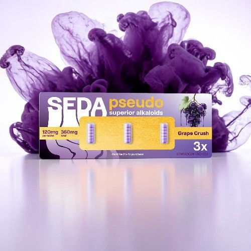 Purple background with a product box labeled 