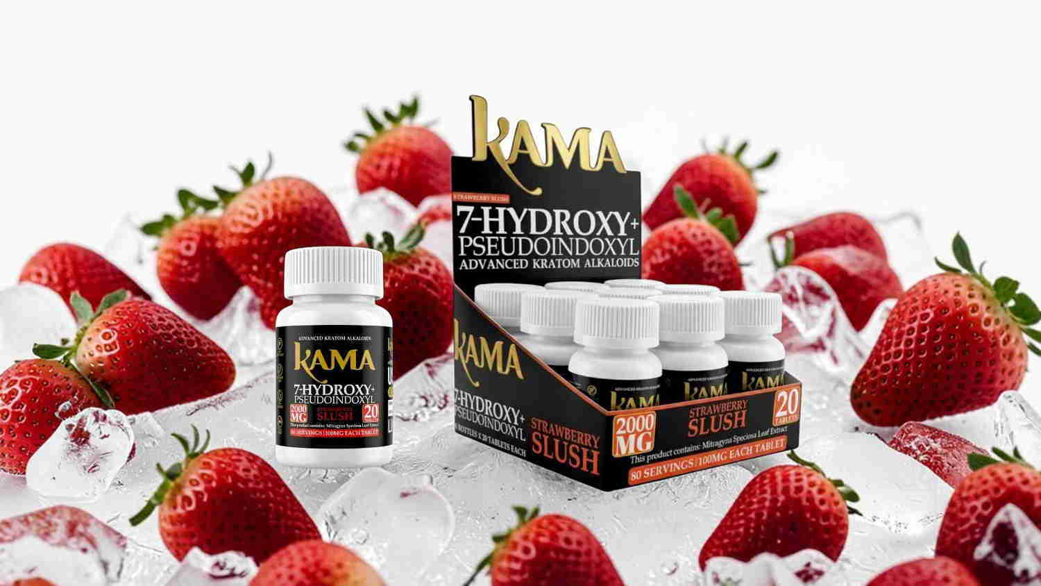 Bottles of supplements surrounded by strawberries and ice.