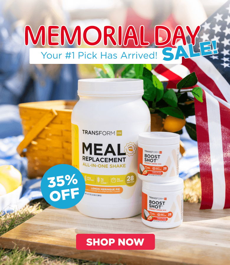 Memorial Day sale with protein supplements and American flag background.